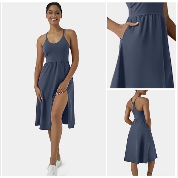 Halara Dresses & Skirts - Halara Everyday Chill Midi Dress Sz XL Racerback Seamless Stretch Pockets Blue